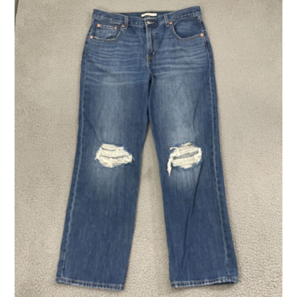Levi's Low Pro Straight Jeans Women 32 Dark Wash High Rise Distressed‎ Denim